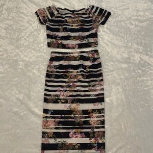 2 peace striped w/ flowers crop too midi skirt set